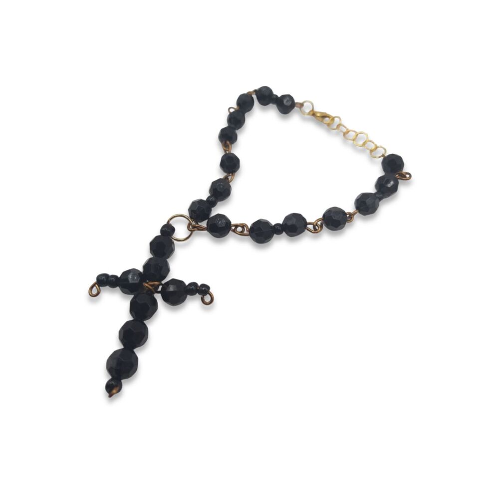 Handmade Gothic Black Beaded Rosary Bracelet with Wire‑Wrapped Cross